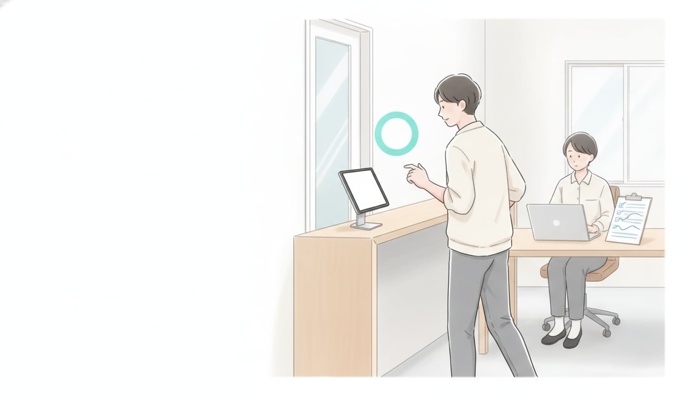 Employee pausing at an entrance tablet time clock